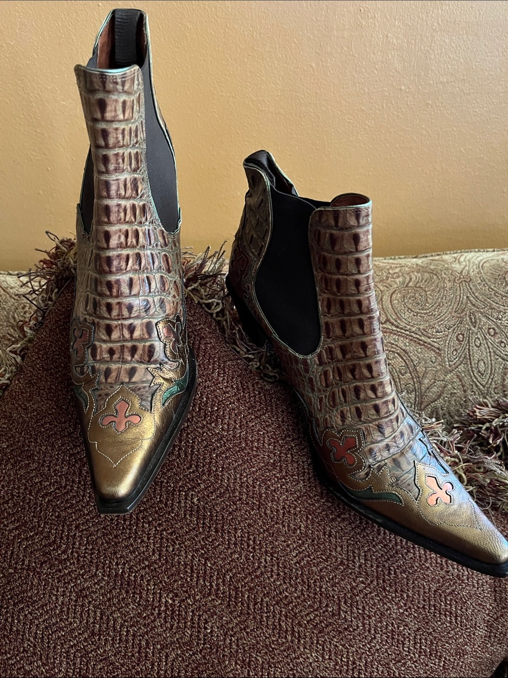 Donald J. Pliner Metallic Brown Croc-Embossed Pointed Chelsea Booties